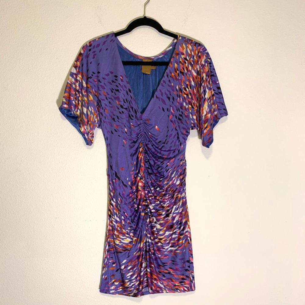 Ali Ro Silk Printed Ruched Bodycon V-Neck Dress